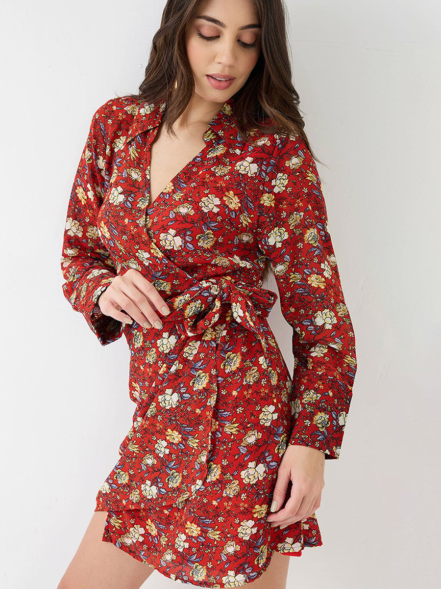 Red Floral Print Wrap Mini Dress