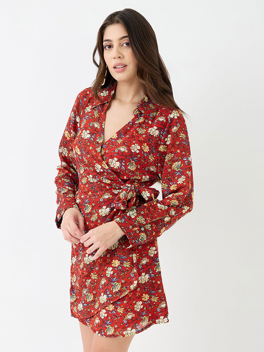 Red Floral Print Wrap Mini Dress