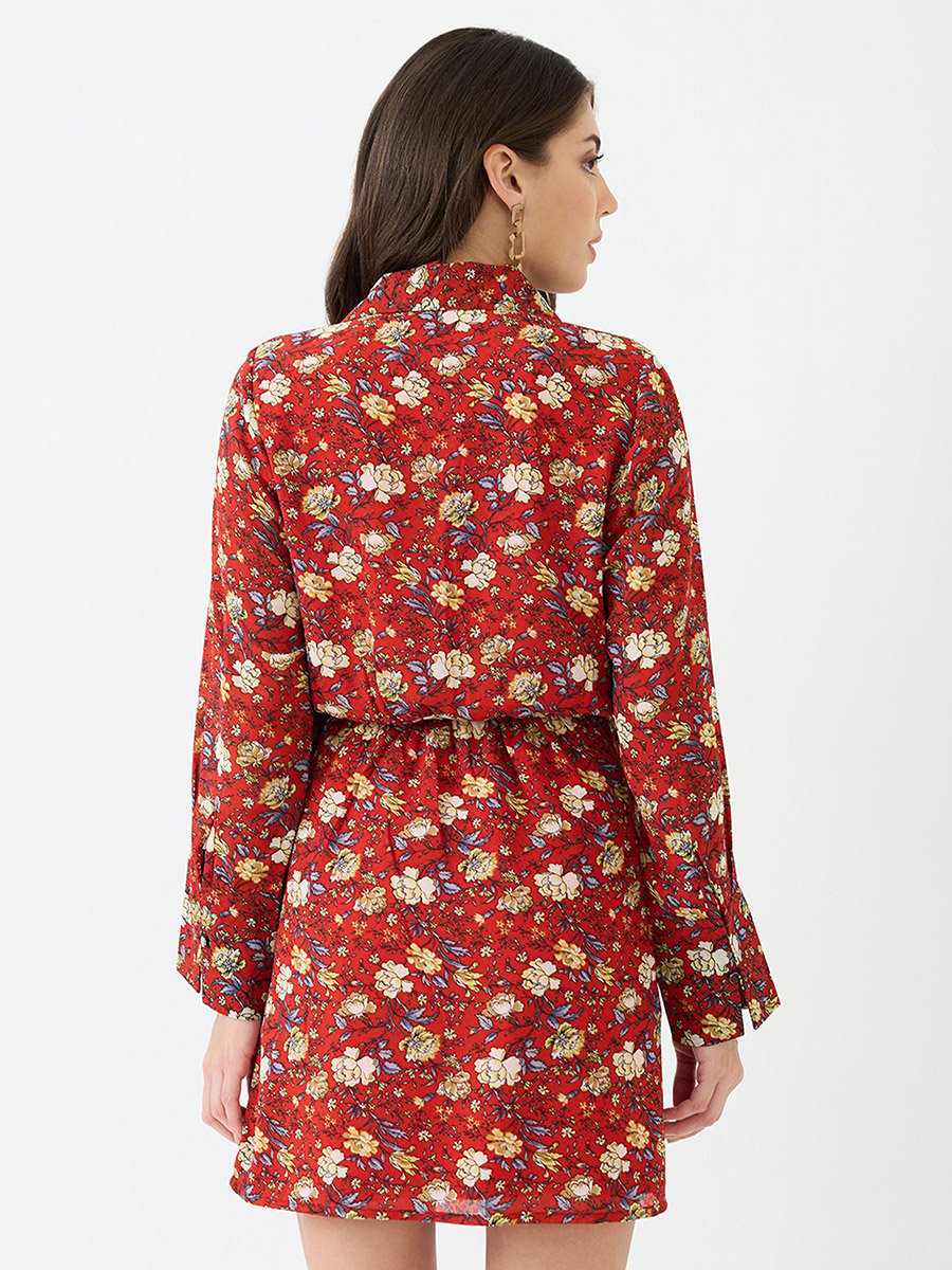Red Floral Print Wrap Mini Dress