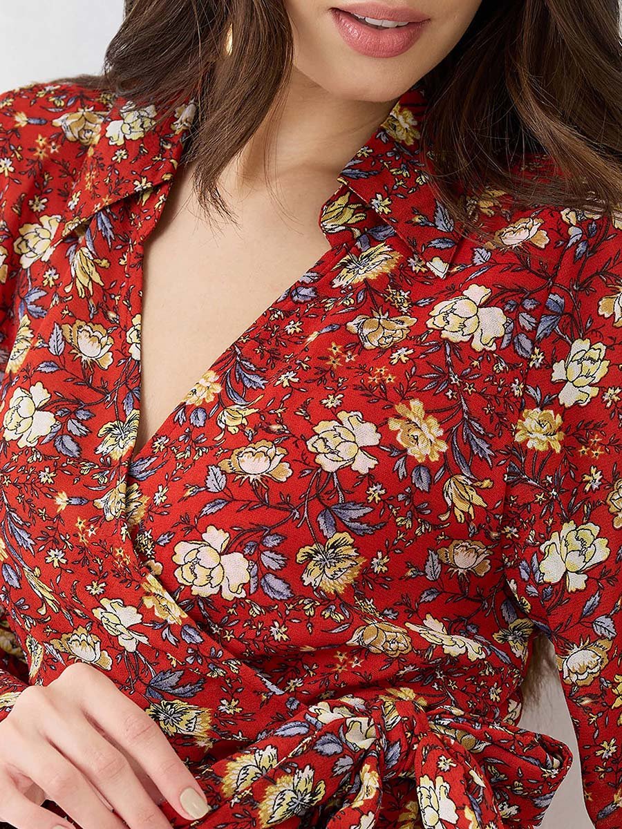 Red Floral Print Wrap Mini Dress