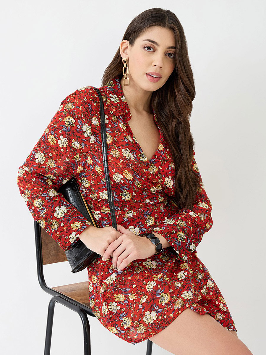 Red Floral Print Wrap Mini Dress