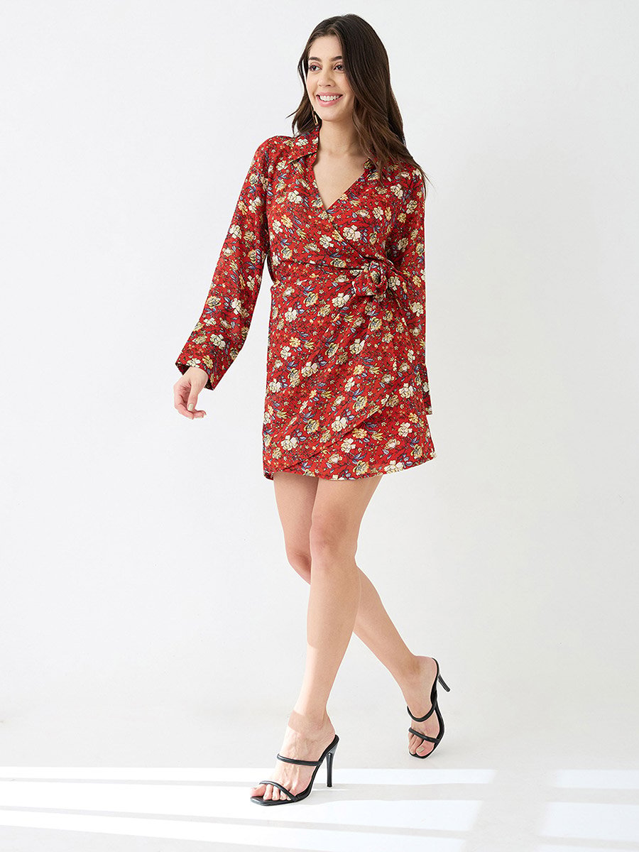 Red Floral Print Wrap Mini Dress