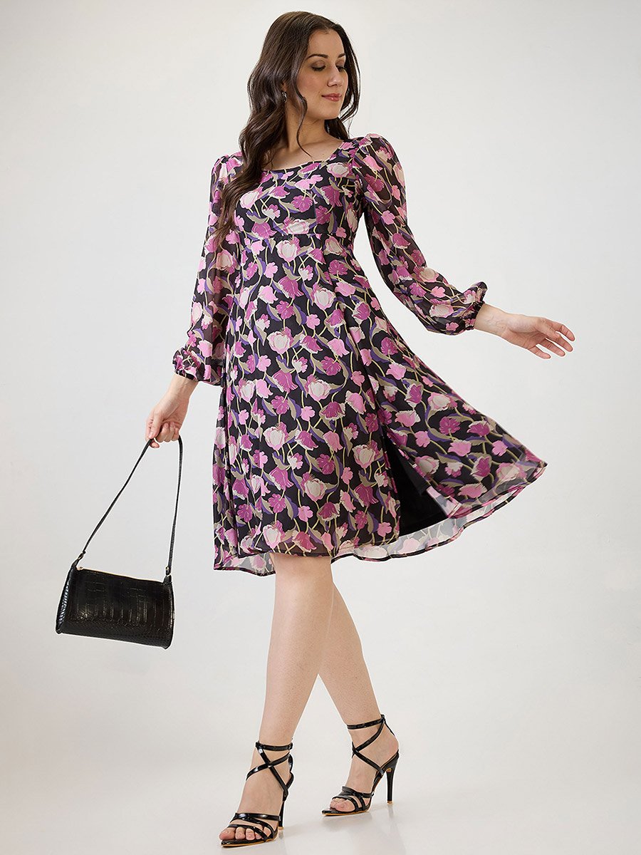 Purple Floral Printed Square Neck Midi Dress