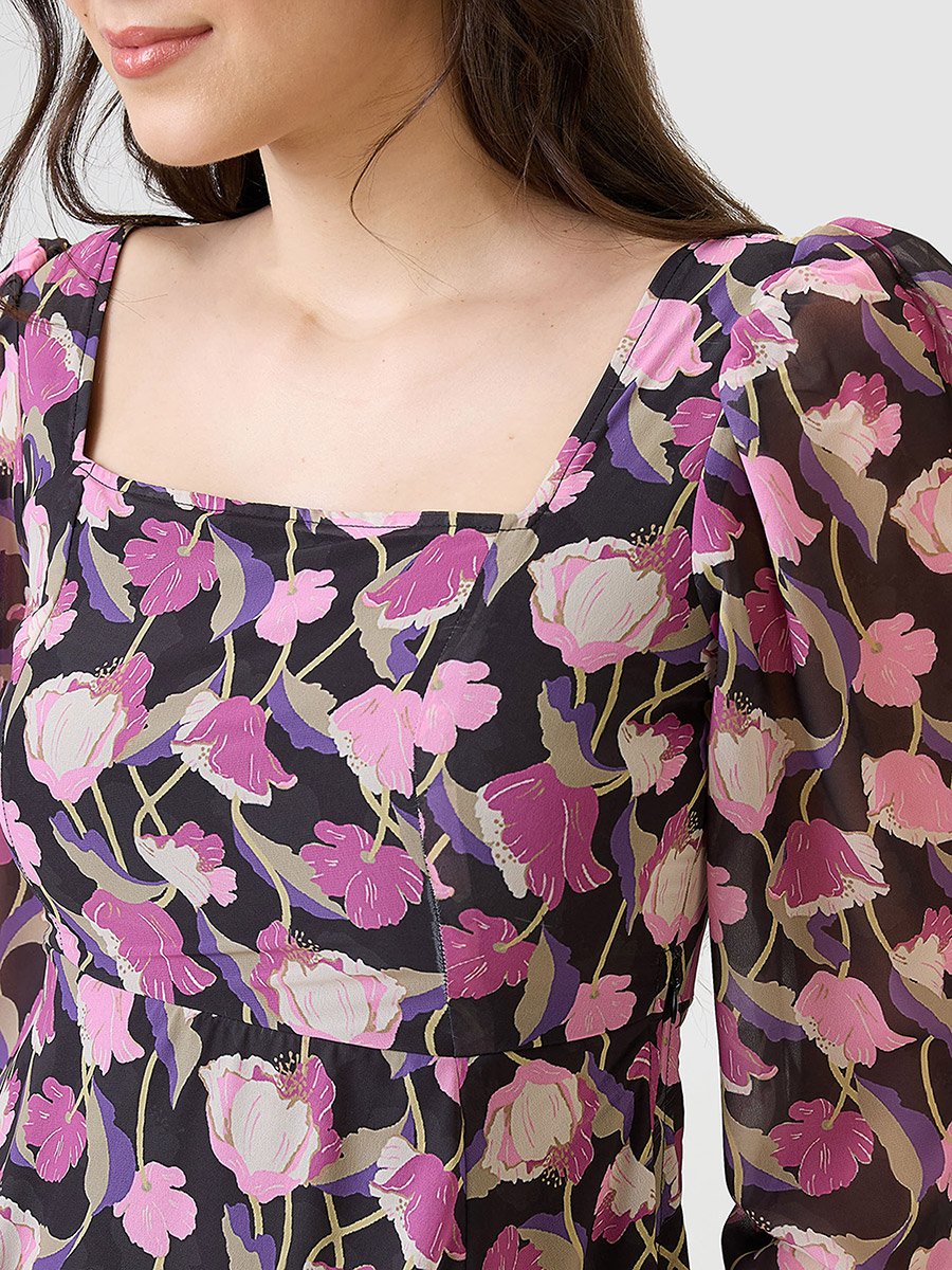 Purple Floral Printed Square Neck Midi Dress