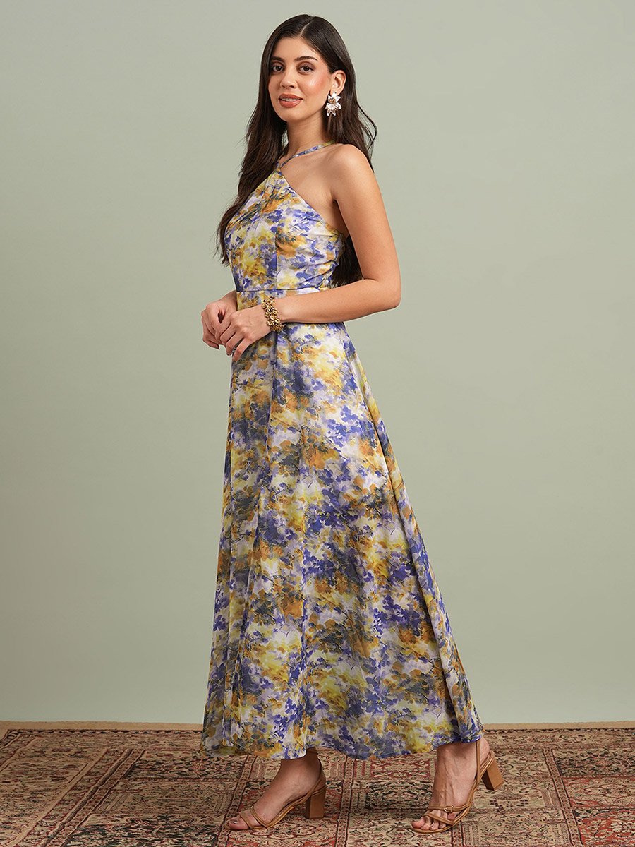 Yellow Abstract Print Halter Neck Maxi Dress