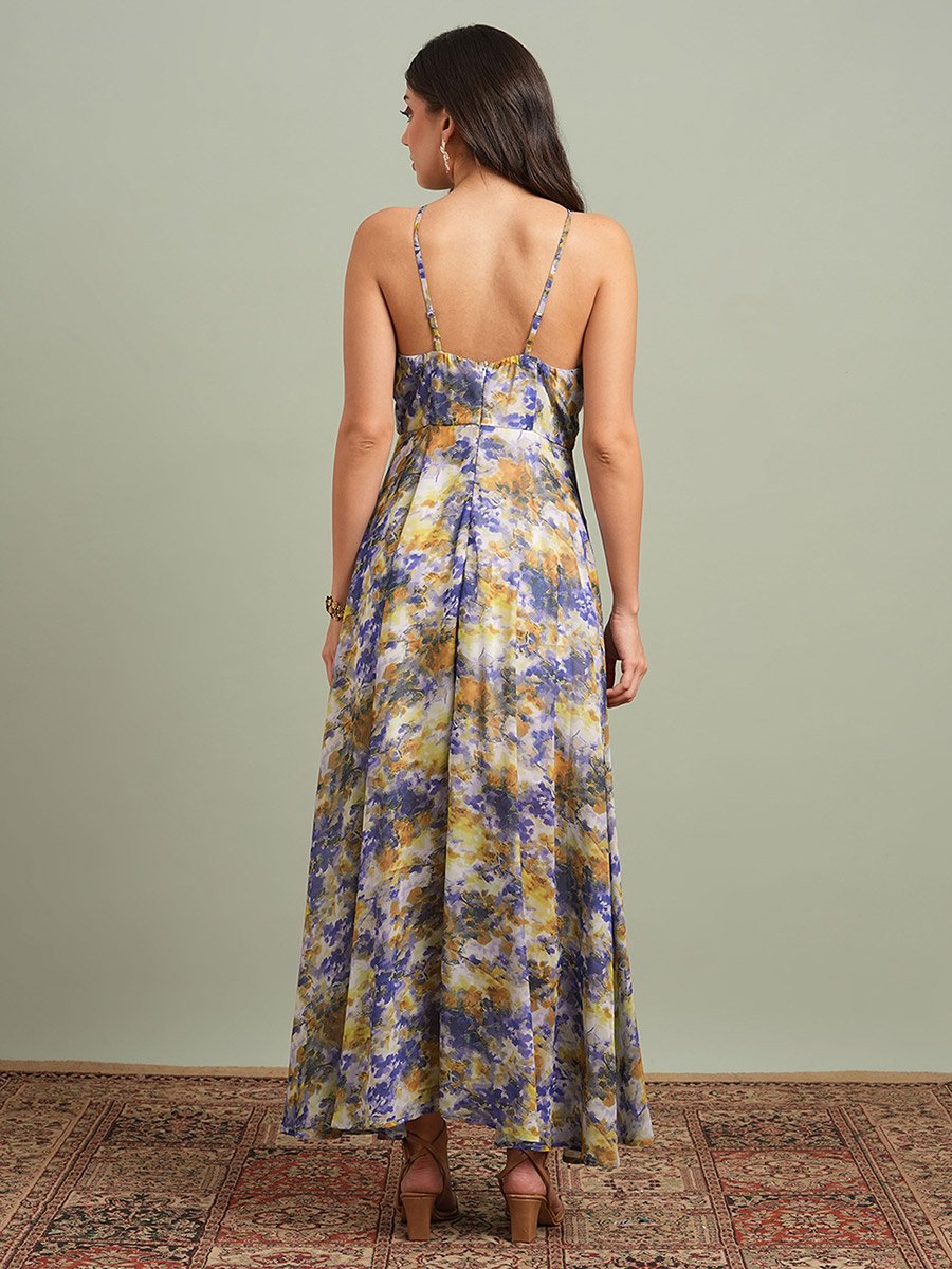 Yellow Abstract Print Halter Neck Maxi Dress