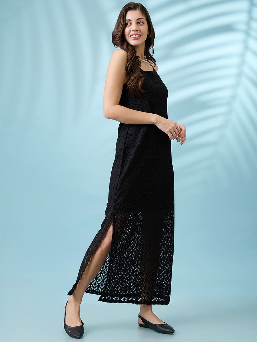 Black Crochet Strappy Side Slit Sheath Maxi Dress