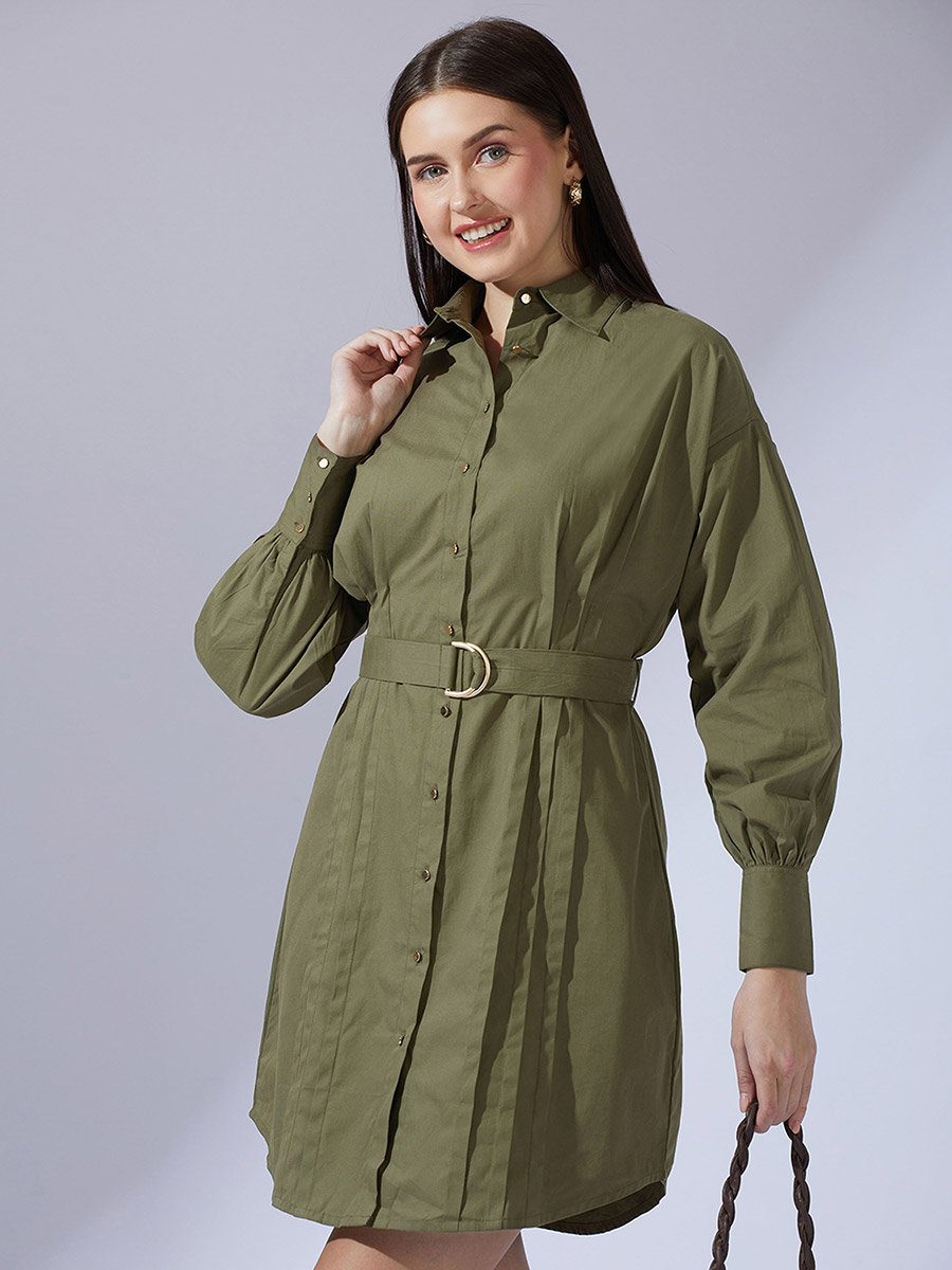 Olive Collared Neck Pleated Mini Dress with Belt
