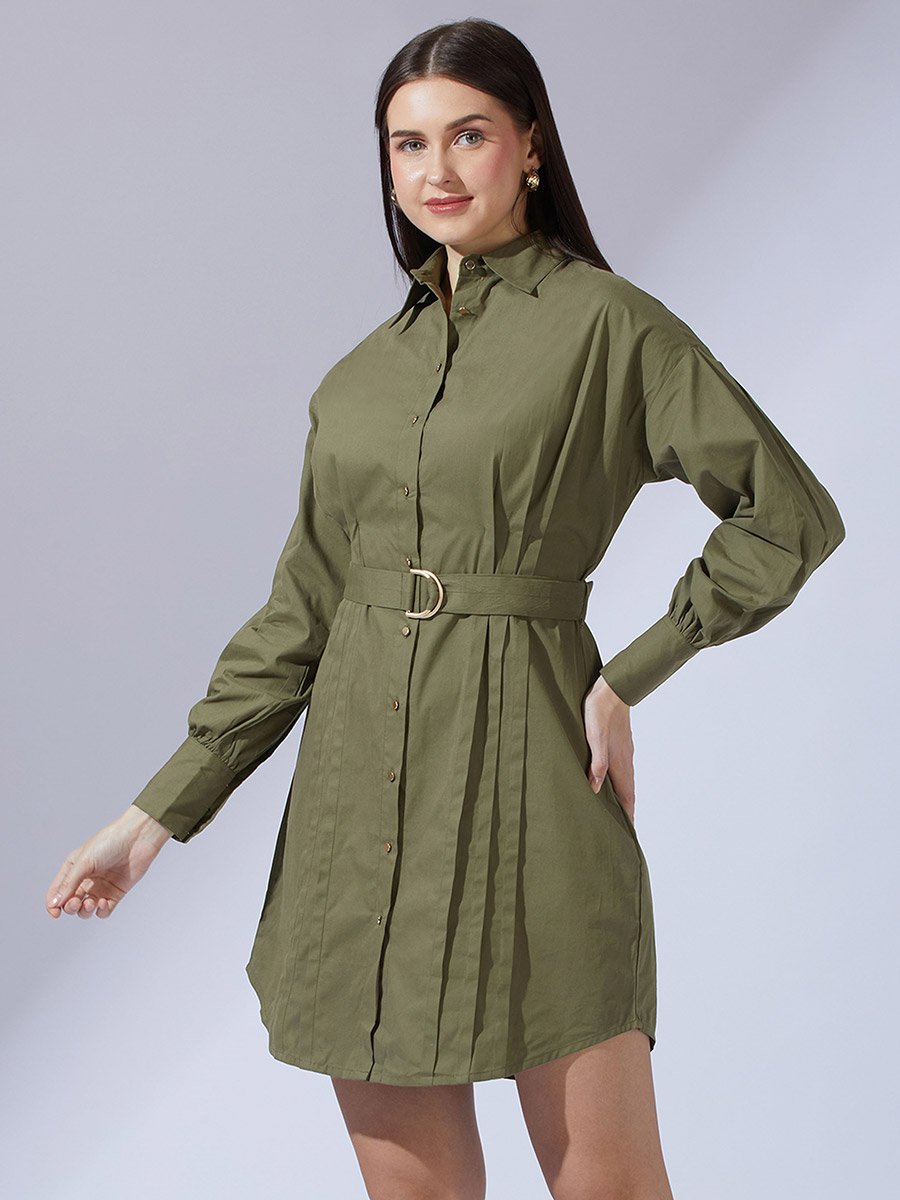 Olive Collared Neck Pleated Mini Dress with Belt