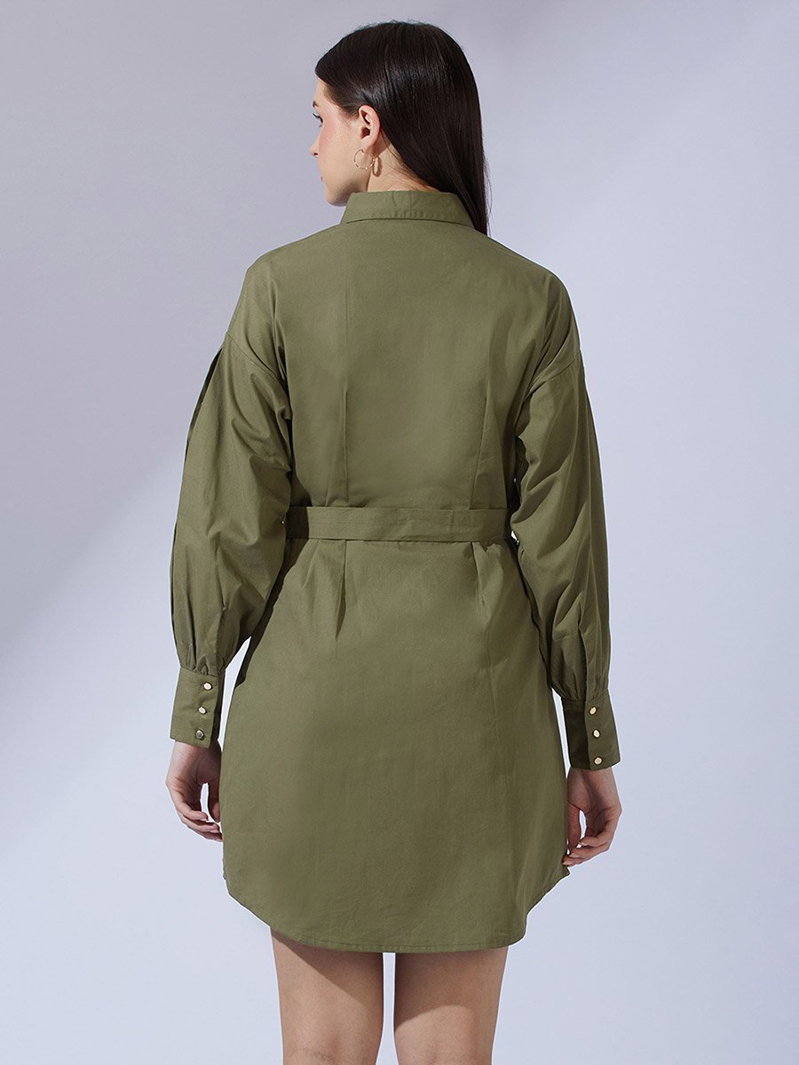 Olive Collared Neck Pleated Mini Dress with Belt