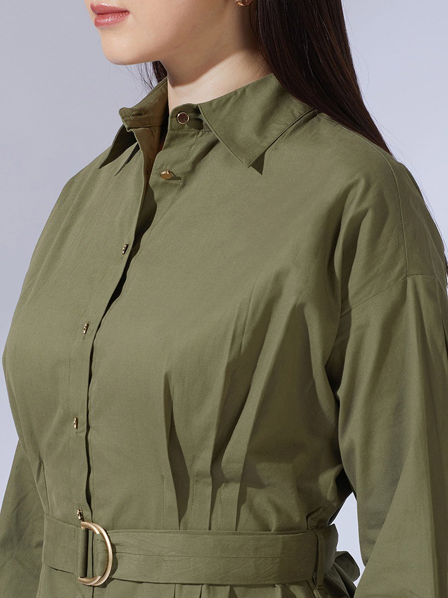 Olive Collared Neck Pleated Mini Dress with Belt