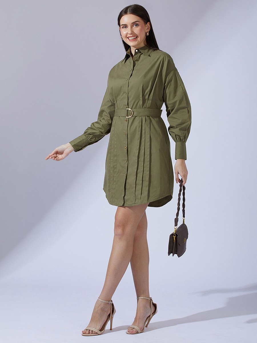 Olive Collared Neck Pleated Mini Dress with Belt