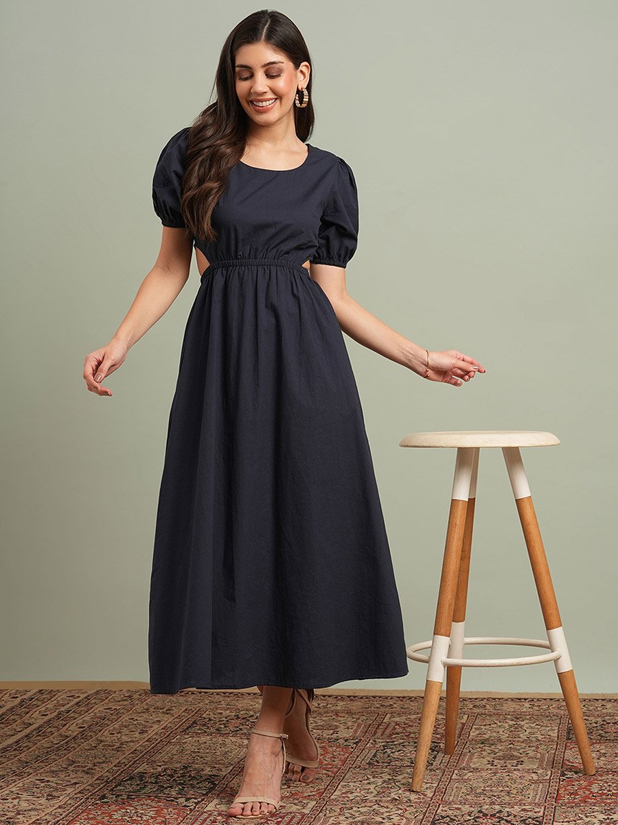 Black Puff Sleeves Cut Out Detail Midi Dress