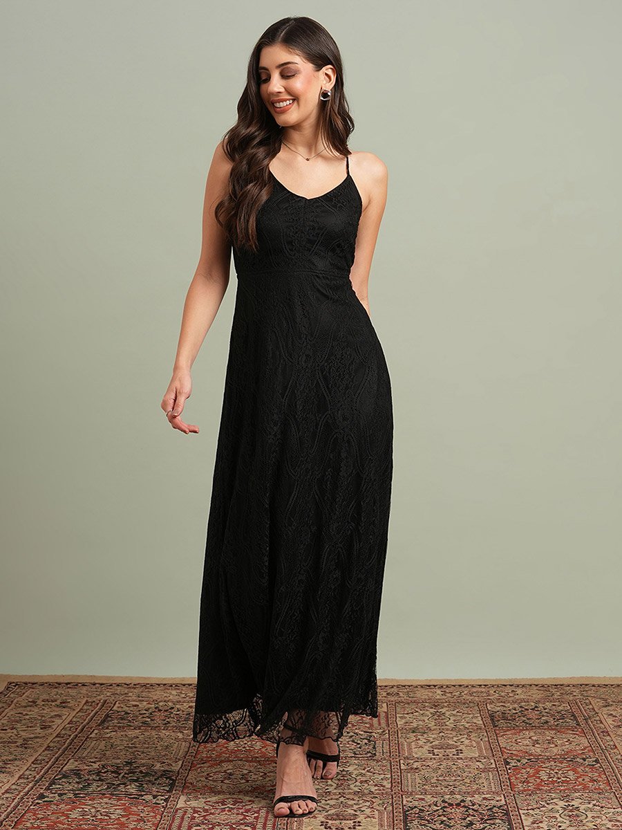 Black V-Neck Back Cross Strap Lace Maxi Dress