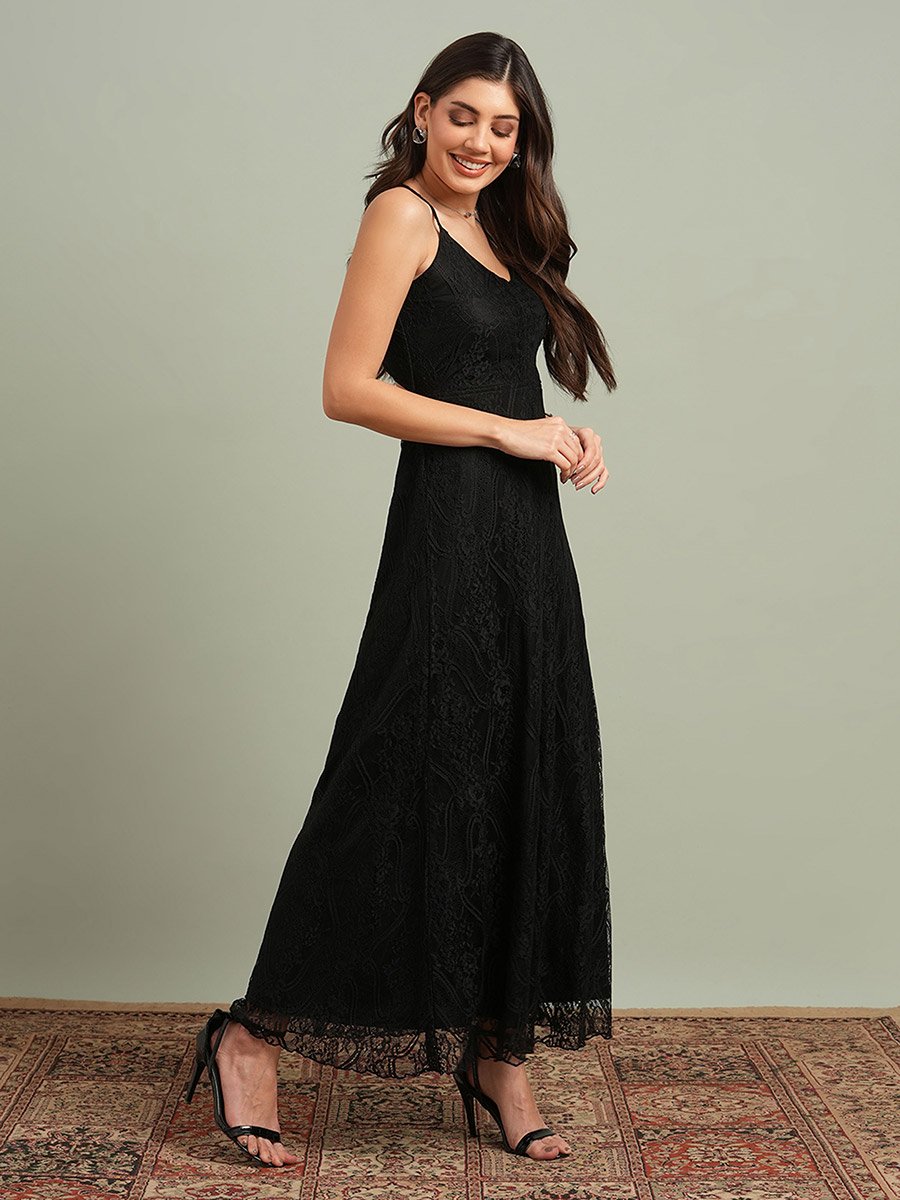 Black V-Neck Back Cross Strap Lace Maxi Dress