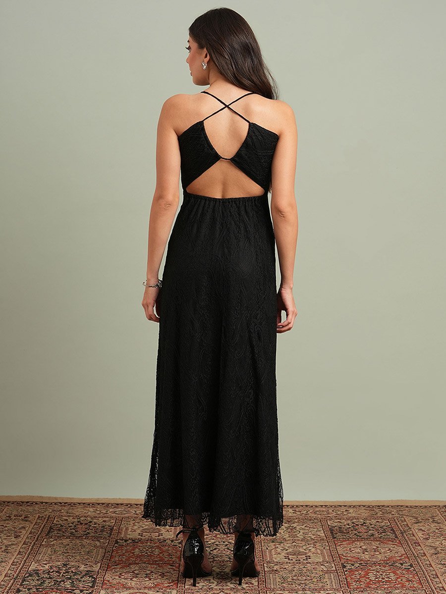 Black V-Neck Back Cross Strap Lace Maxi Dress