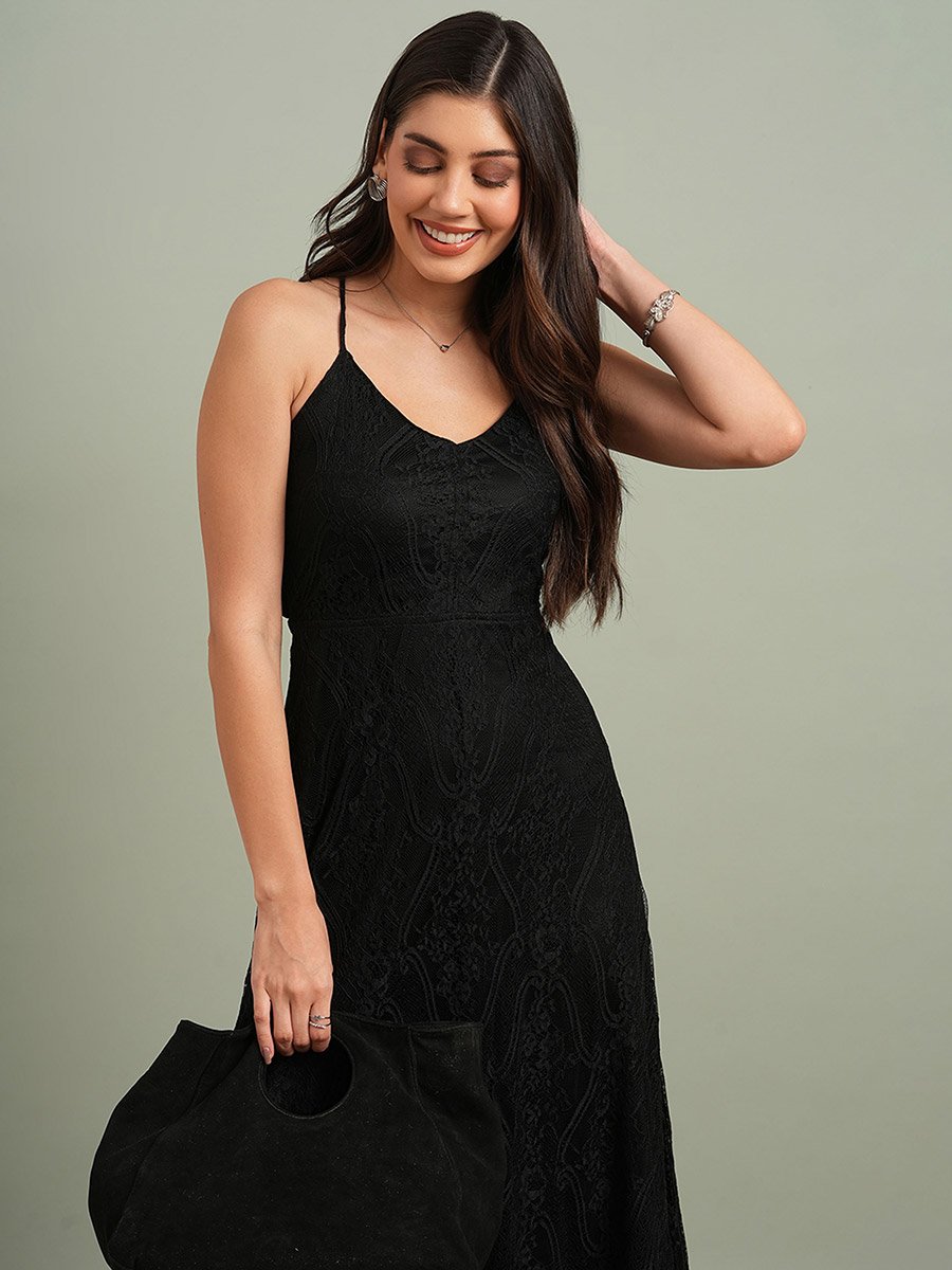 Black V-Neck Back Cross Strap Lace Maxi Dress