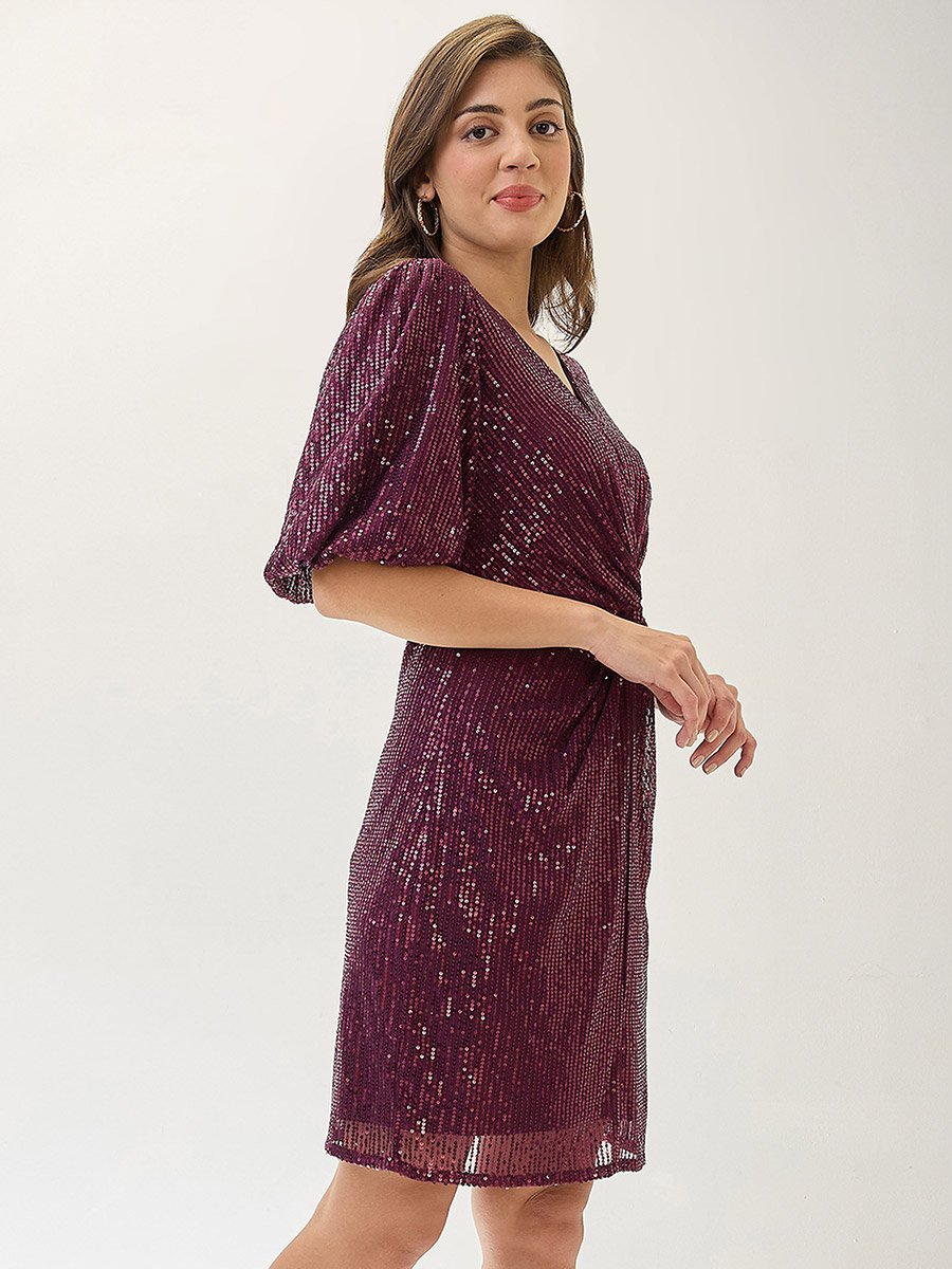 Burgundy Puff Sleeves Twisted Sequined Mini Dress