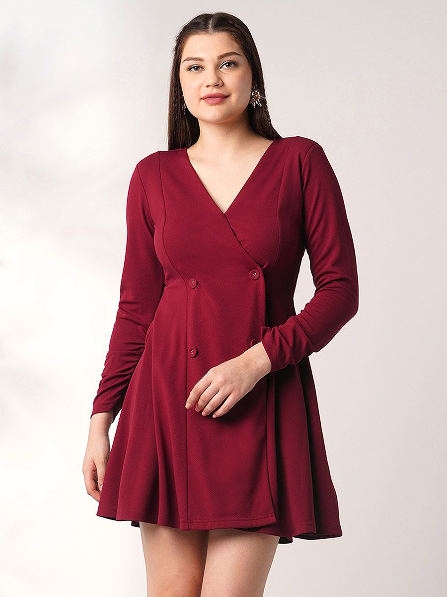 Maroon Wrap Neck A-Line Mini Dress