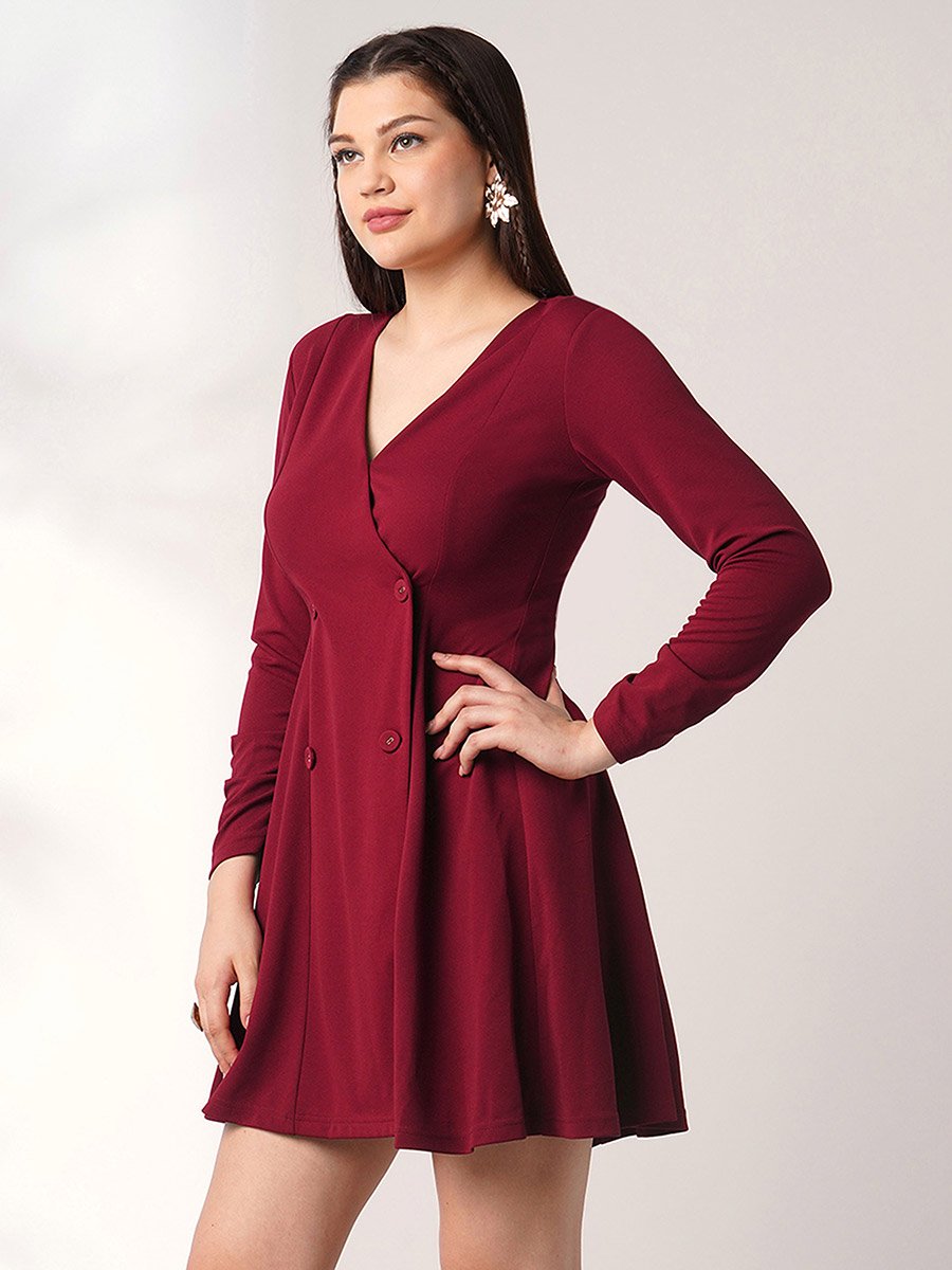 Maroon Wrap Neck A-Line Mini Dress