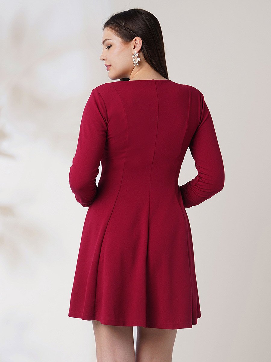 Maroon Wrap Neck A-Line Mini Dress
