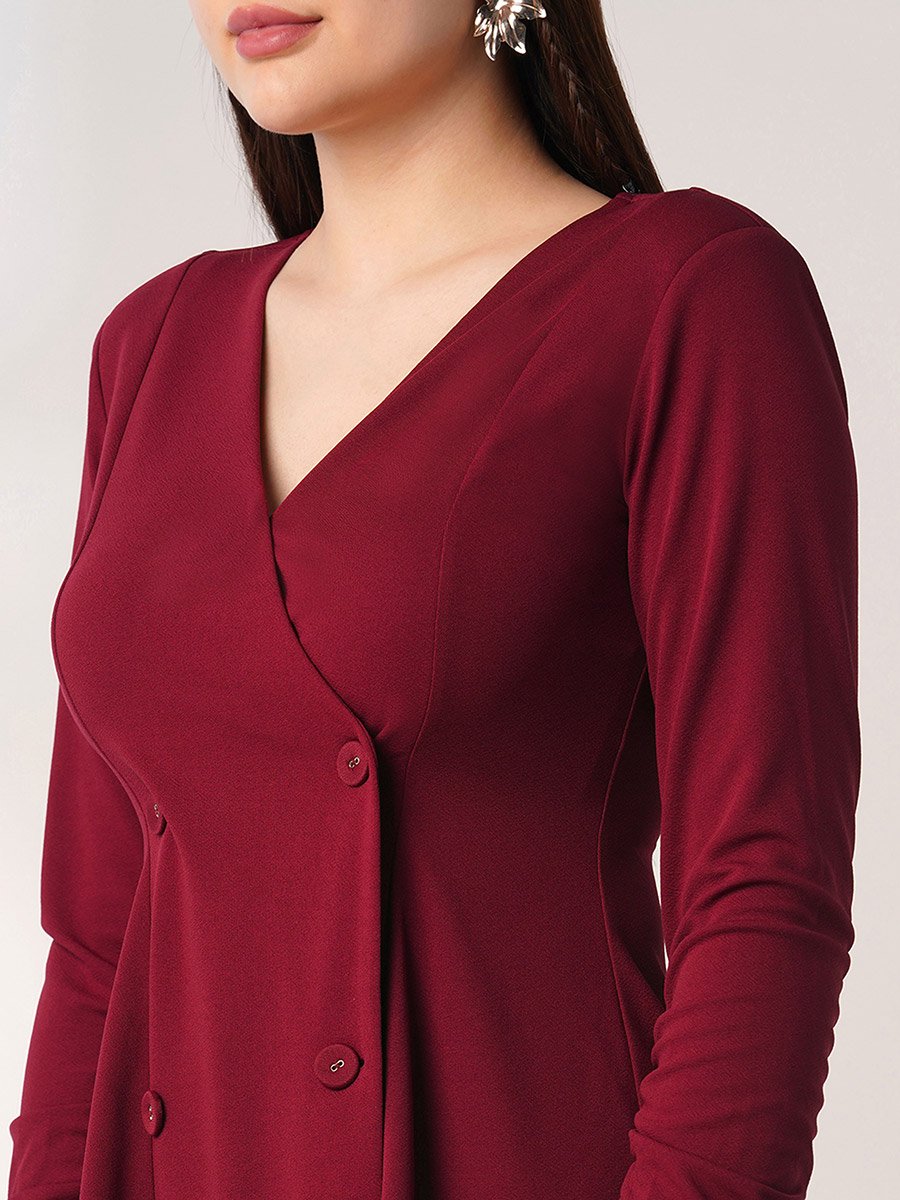 Maroon Wrap Neck A-Line Mini Dress