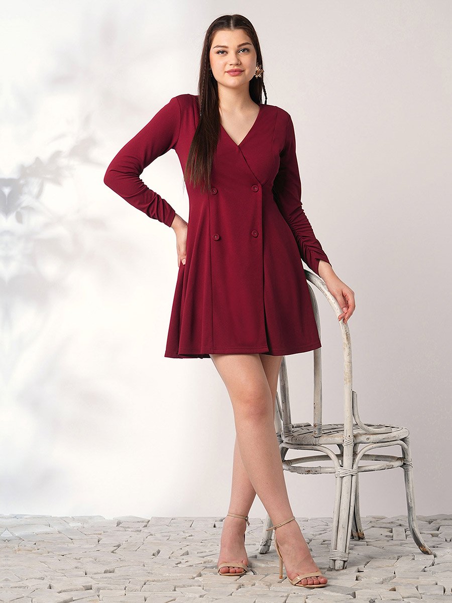 Maroon Wrap Neck A-Line Mini Dress