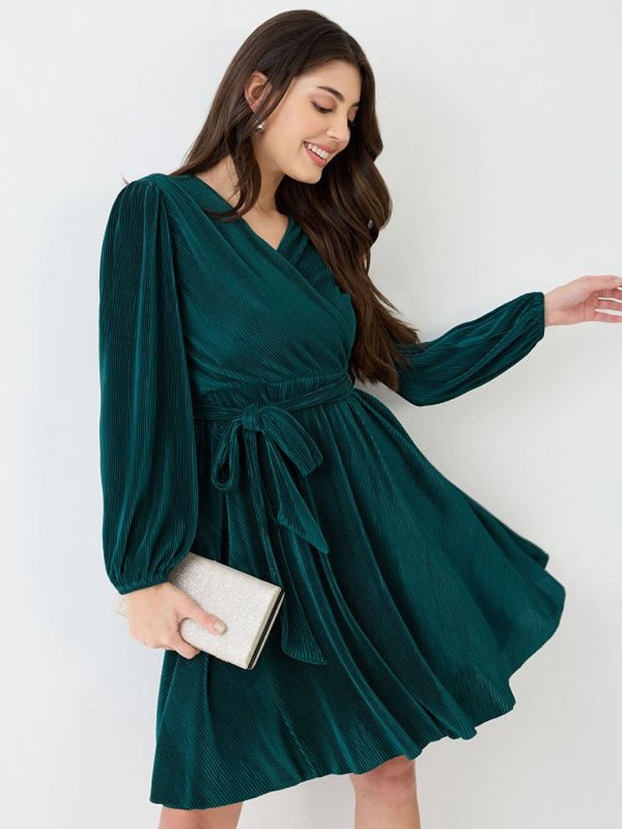 Women Green Velvet Look Wrap Neck A-Line Dress