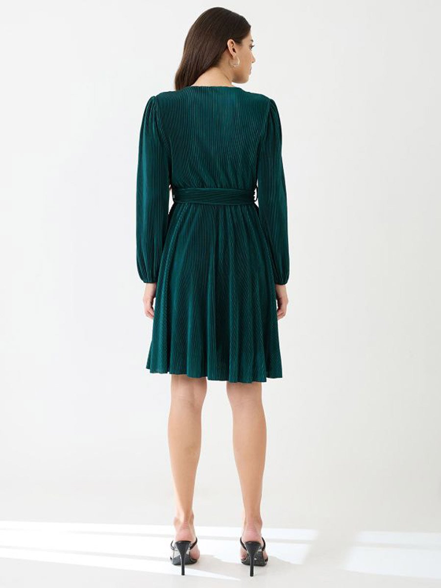 Women Green Velvet Look Wrap Neck A-Line Dress