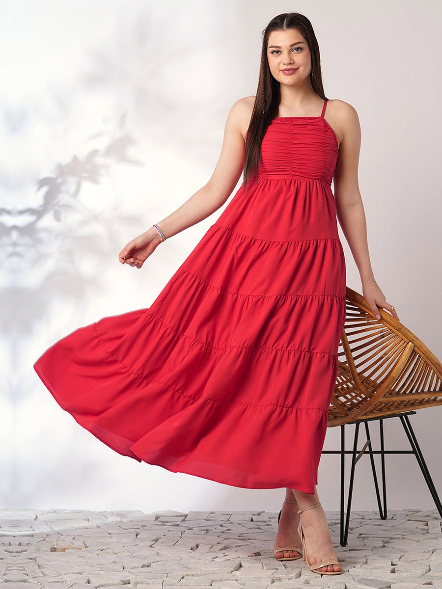 Women Red Square Neck Strappy Tiered Maxi Dress