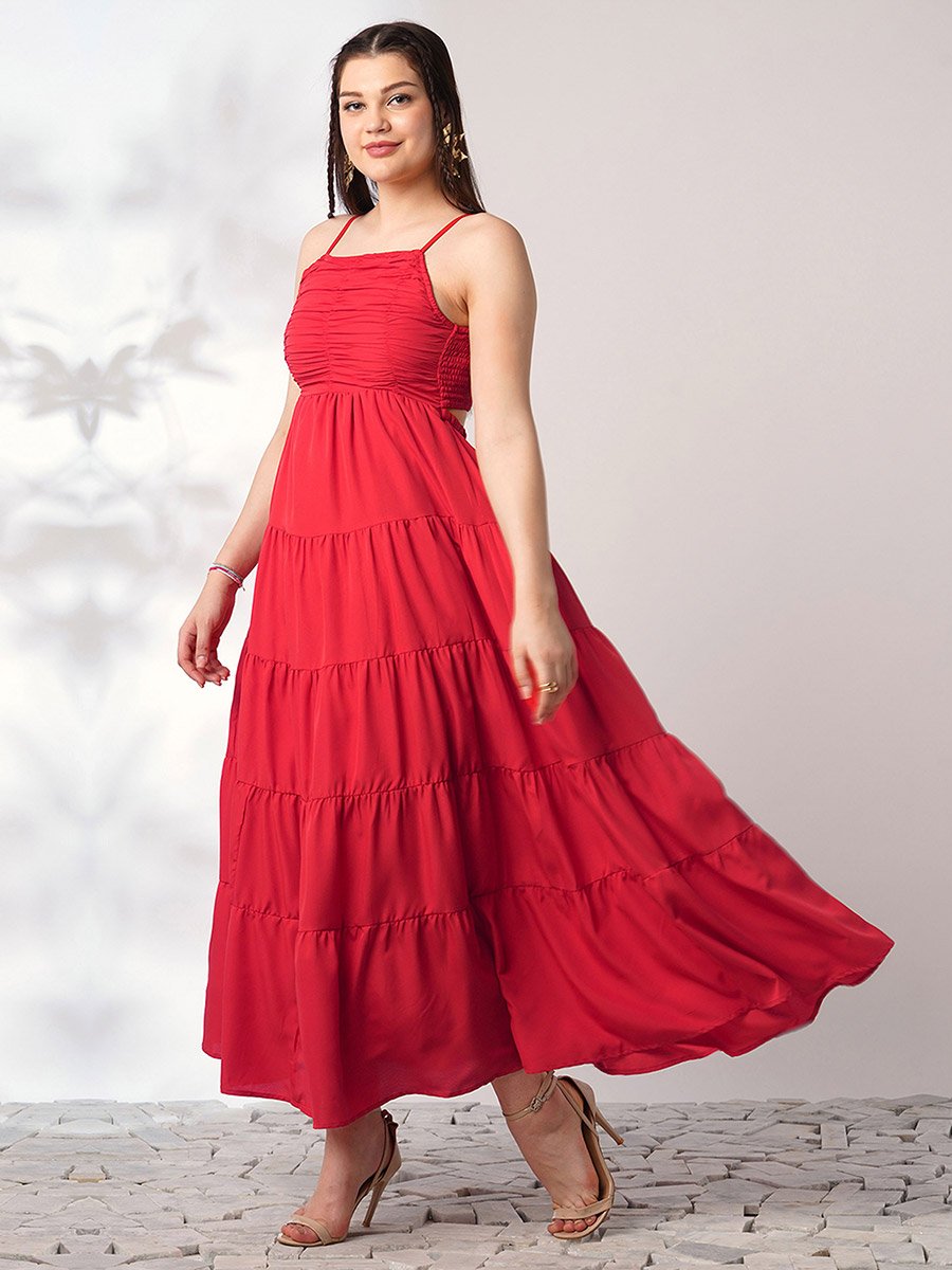 Women Red Square Neck Strappy Tiered Maxi Dress