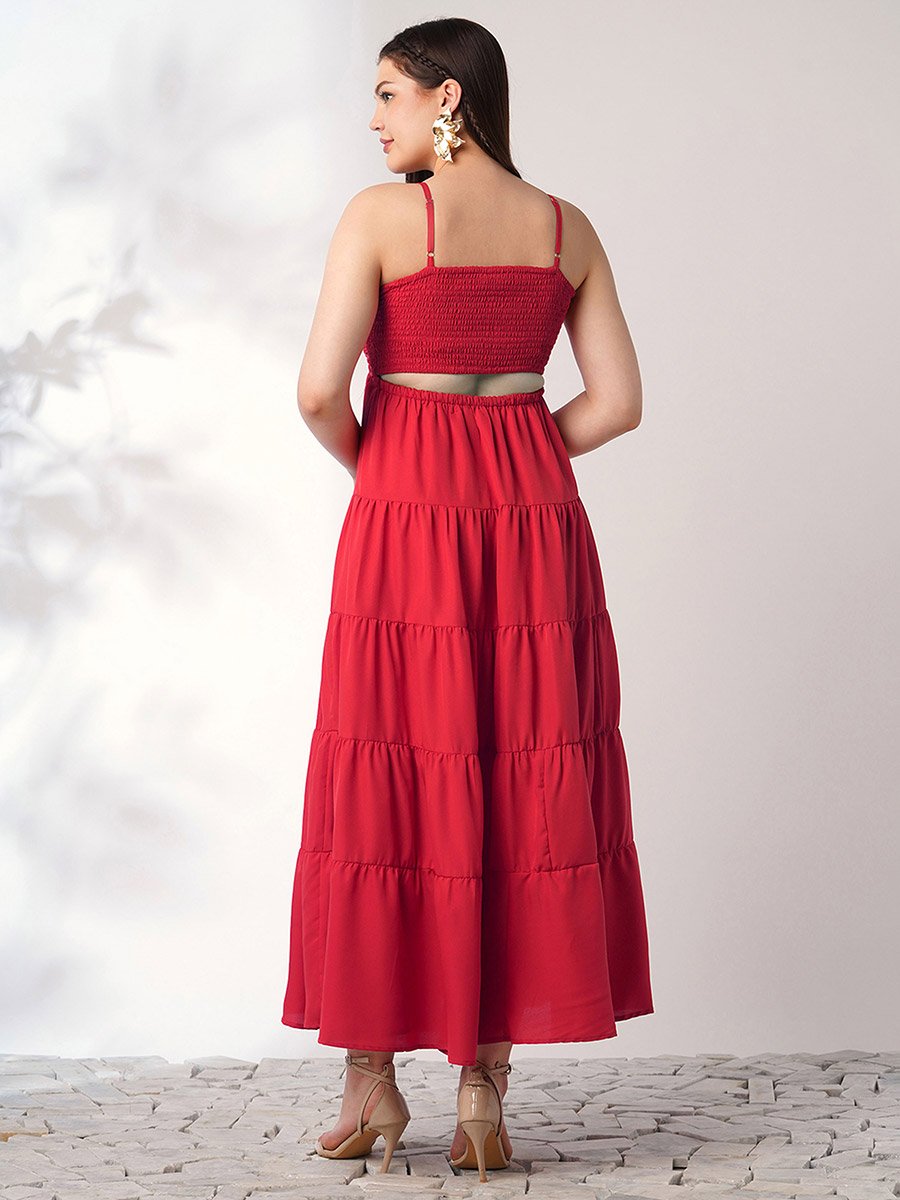 Women Red Square Neck Strappy Tiered Maxi Dress
