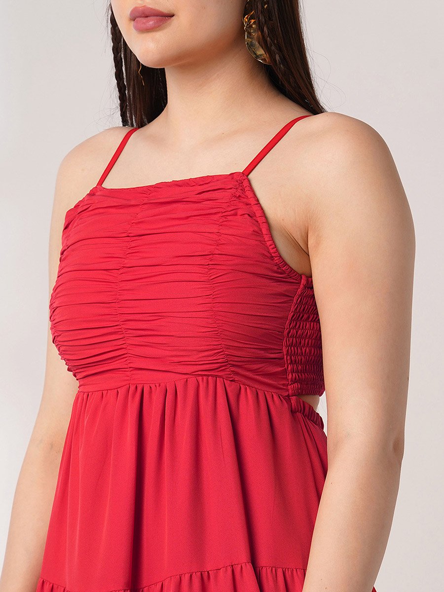 Women Red Square Neck Strappy Tiered Maxi Dress