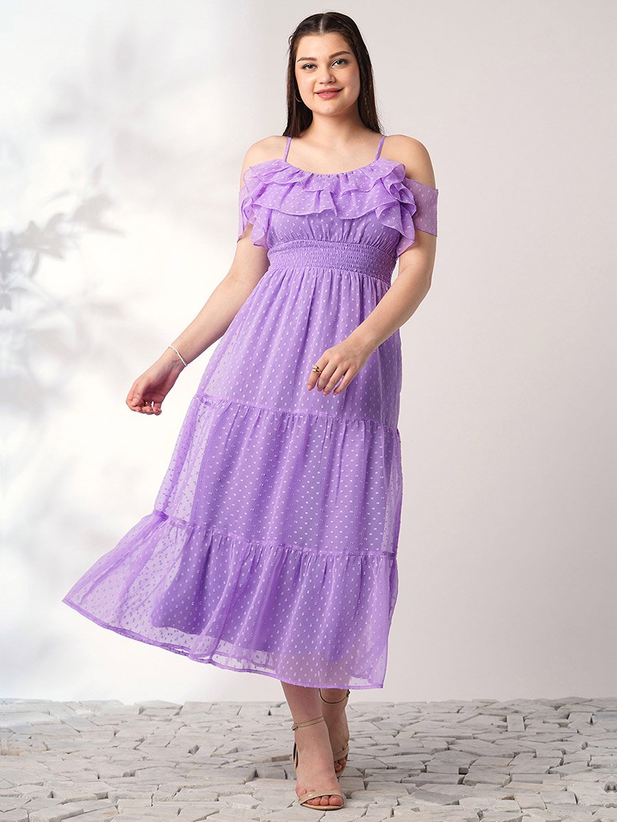 Lavender Strappy Ruffles Detail Smocked Midi Dress