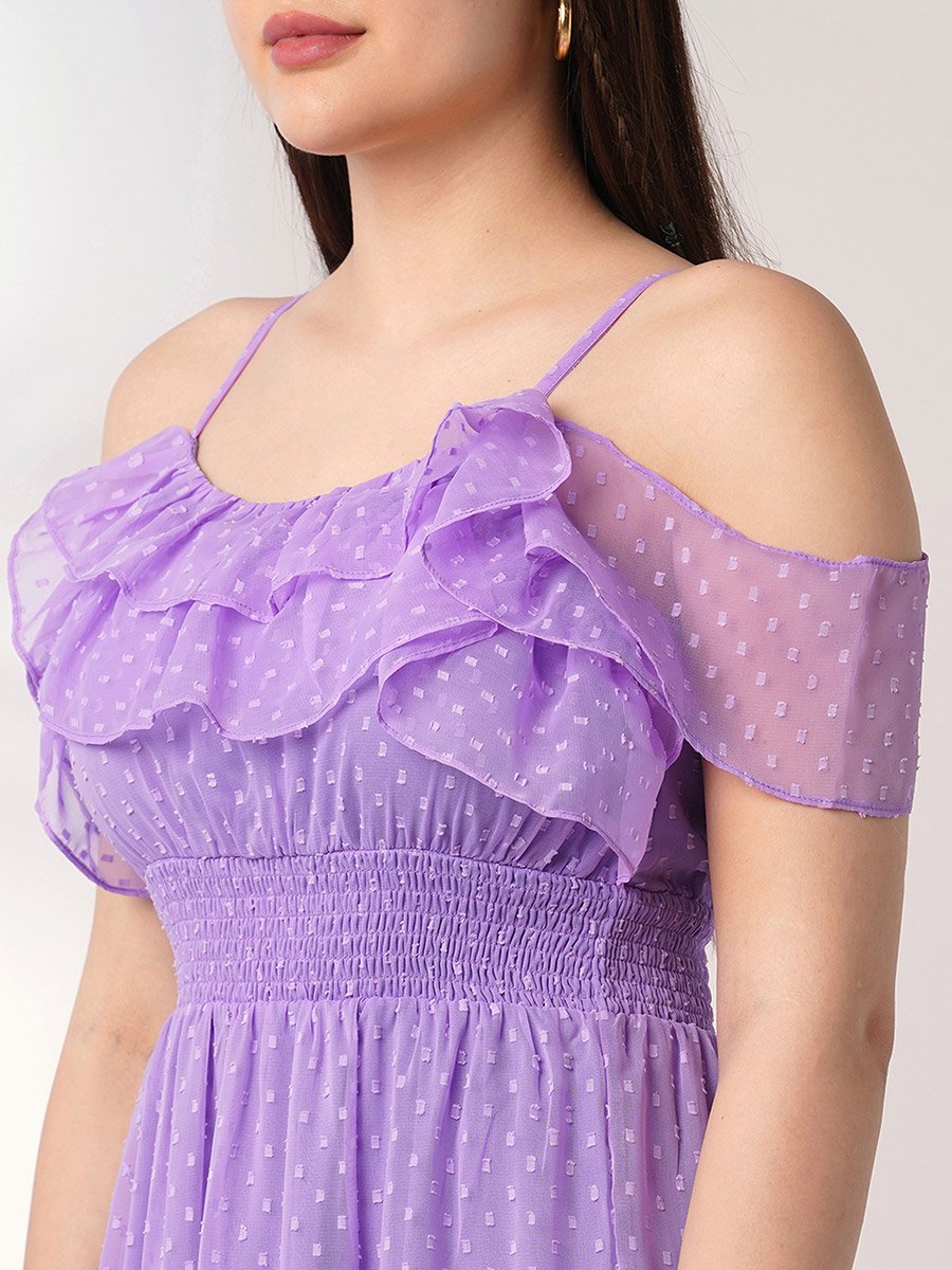Lavender Strappy Ruffles Detail Smocked Midi Dress
