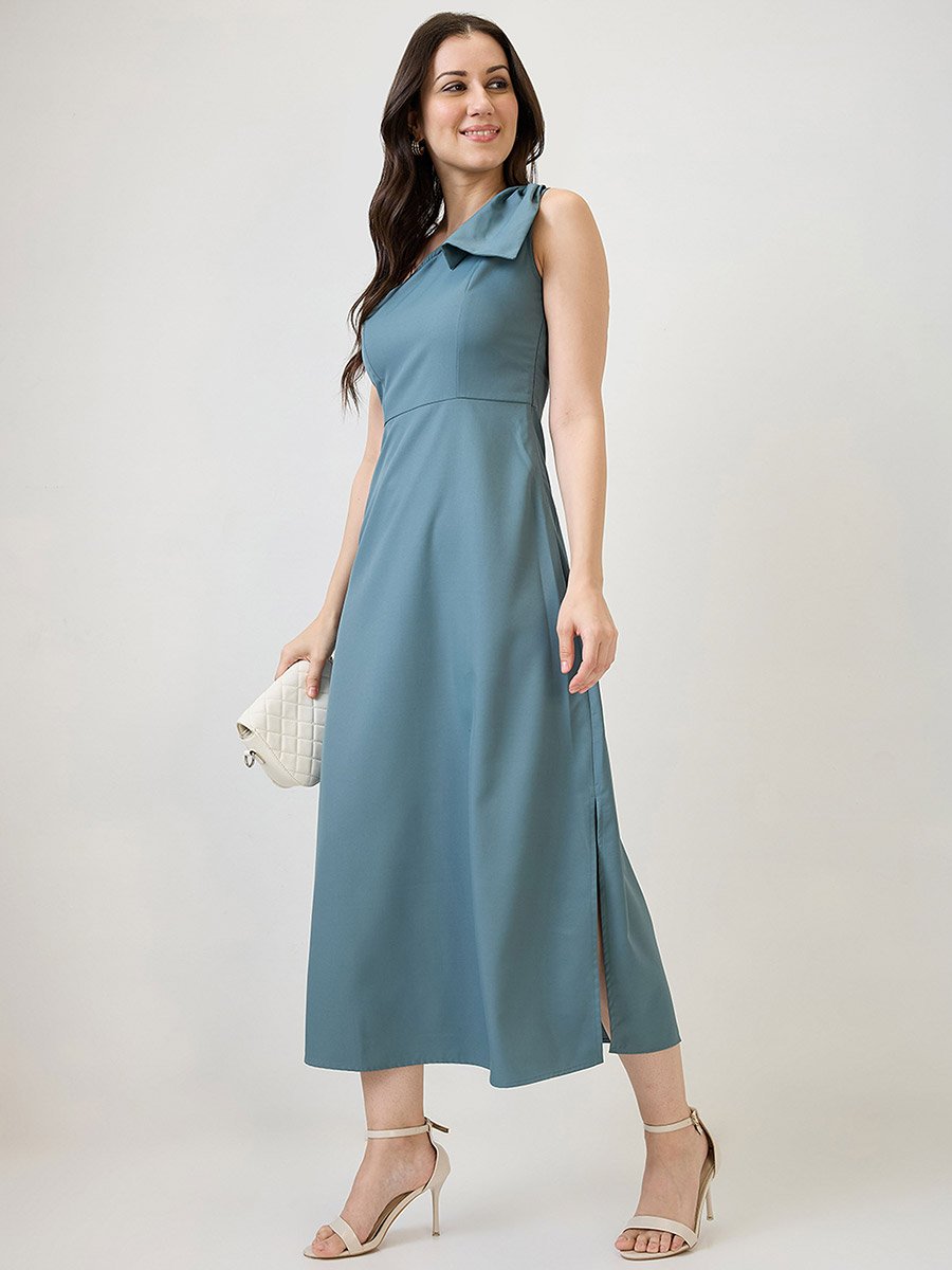 Women Blue One Shoulder Side Slit A-Line Maxi Dress