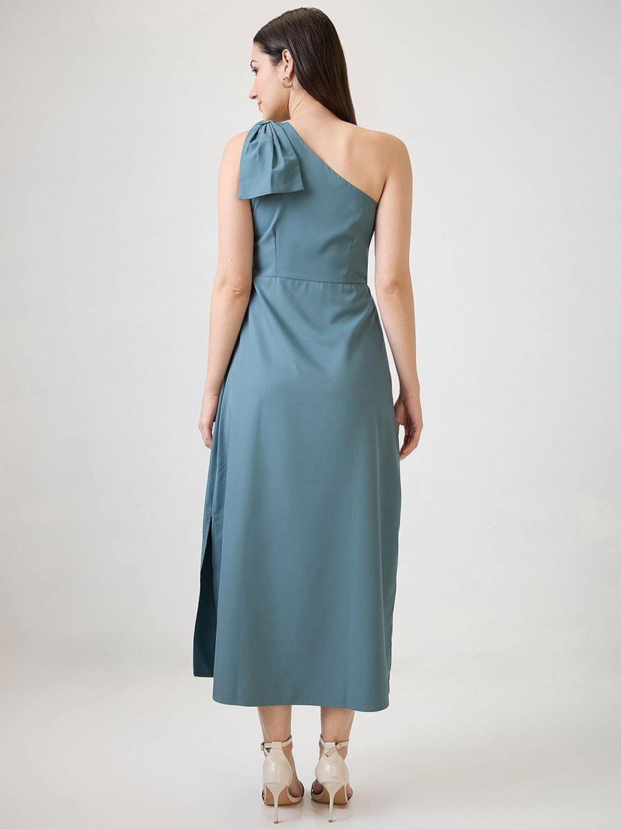 Women Blue One Shoulder Side Slit A-Line Maxi Dress