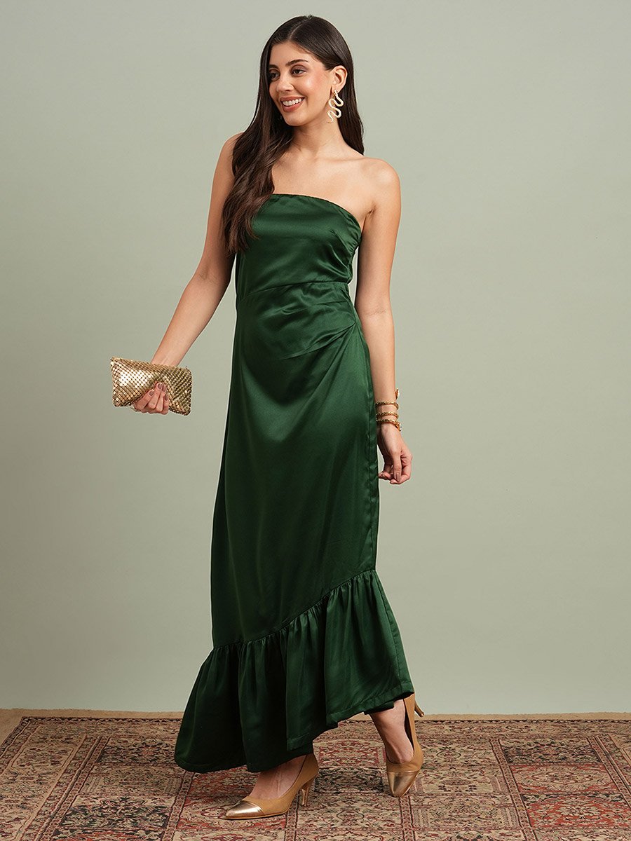 Green Solid Bandeau Neck Ruffle Hem Maxi Dress