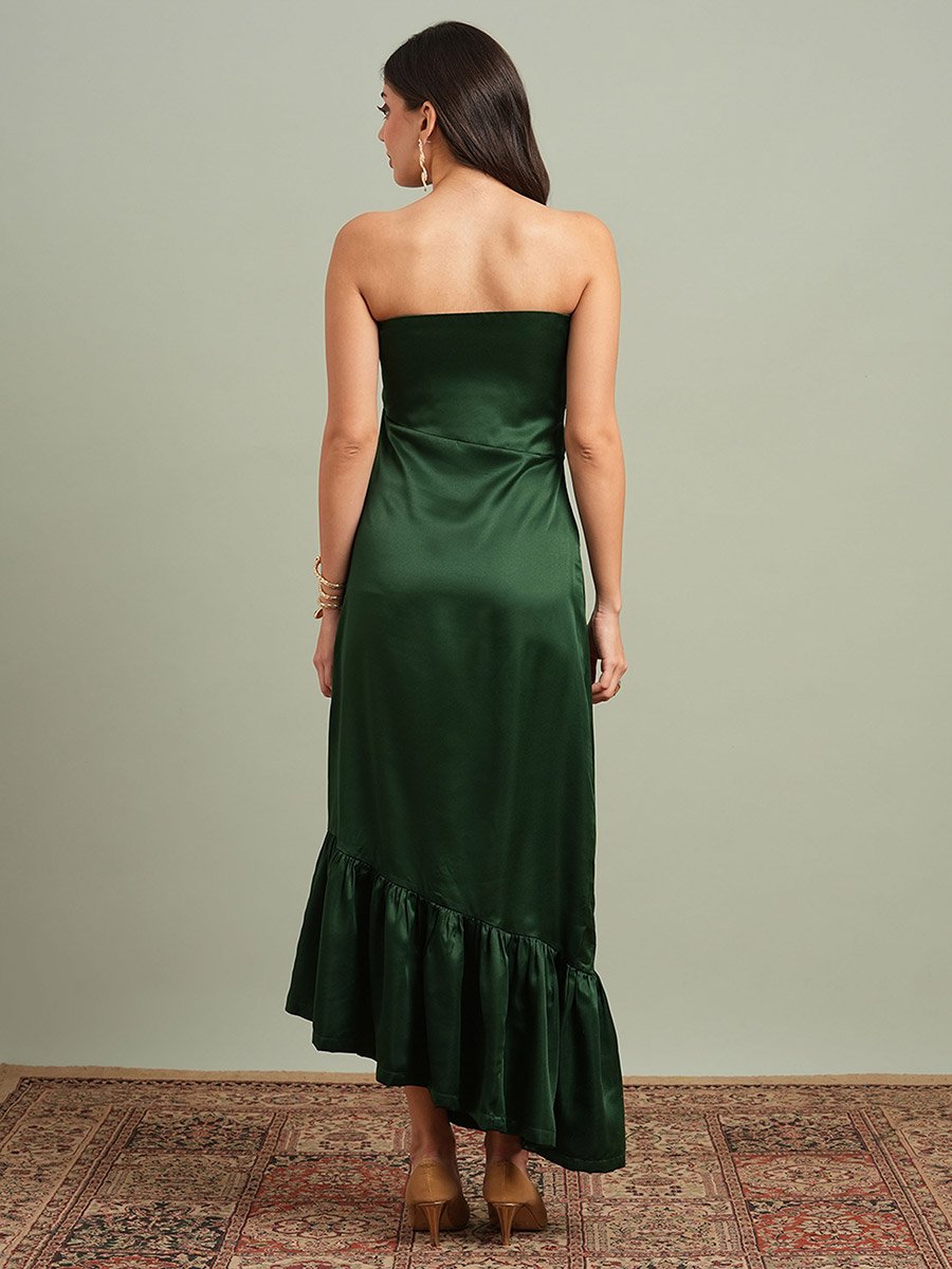 Green Solid Bandeau Neck Ruffle Hem Maxi Dress