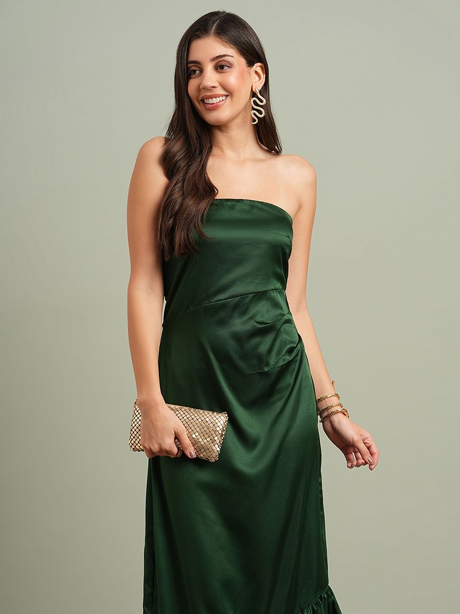 Green Solid Bandeau Neck Ruffle Hem Maxi Dress