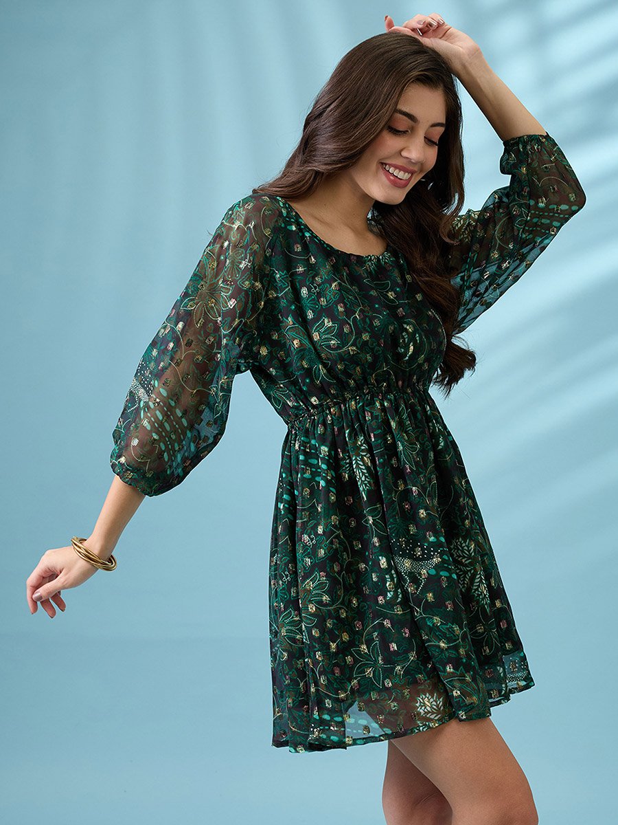 All-Over Print Back Tie Detail Mini Dress