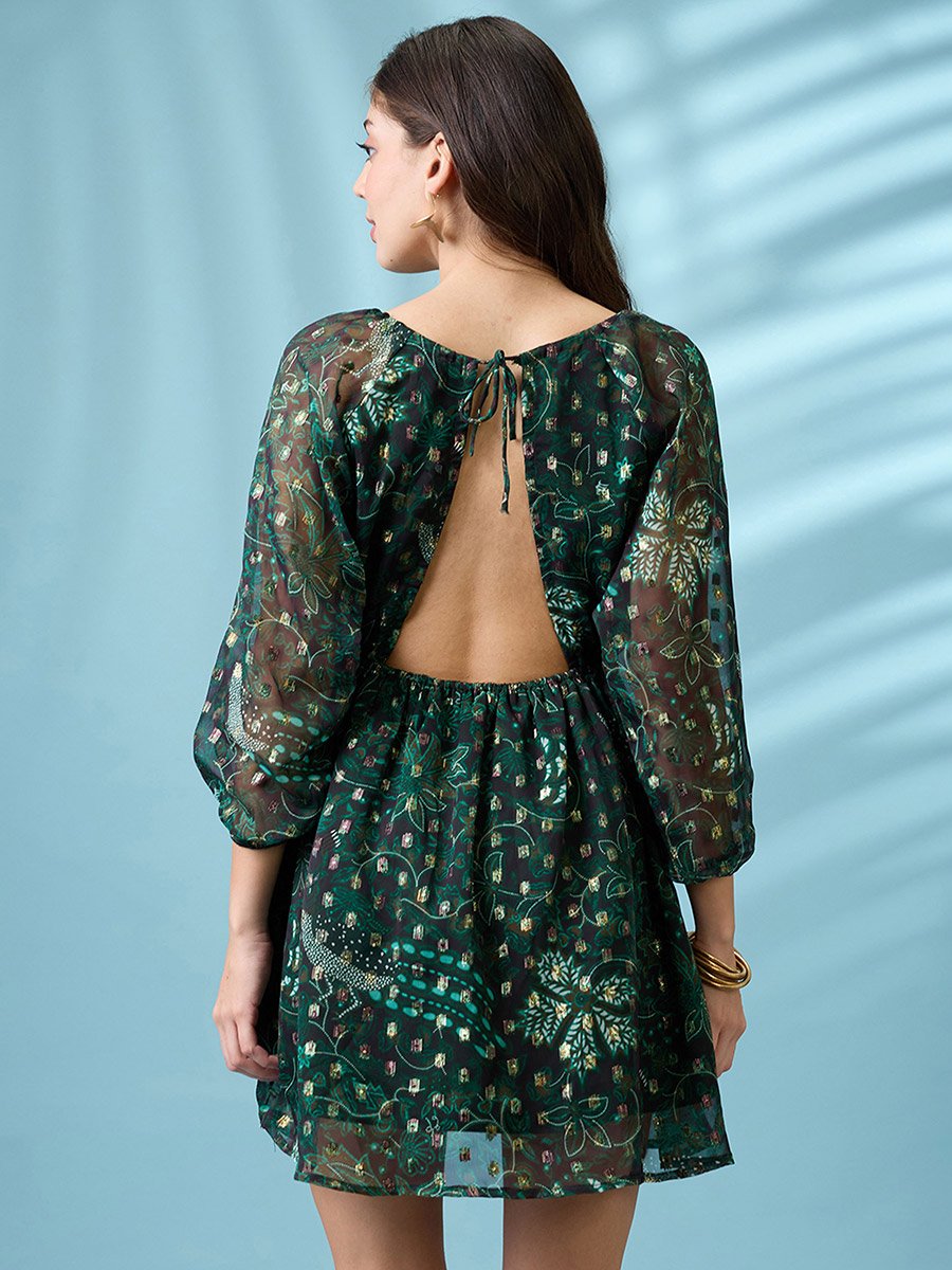All-Over Print Back Tie Detail Mini Dress