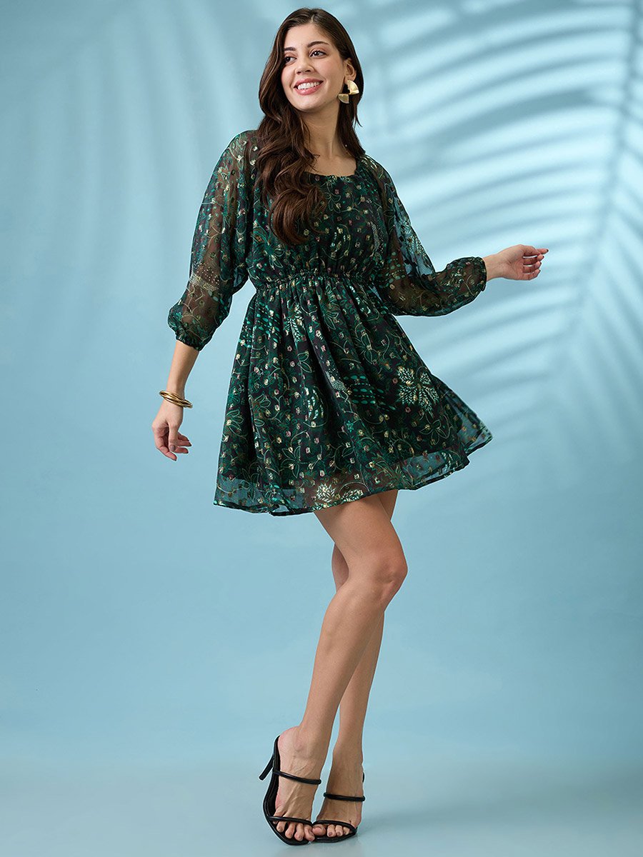 All-Over Print Back Tie Detail Mini Dress