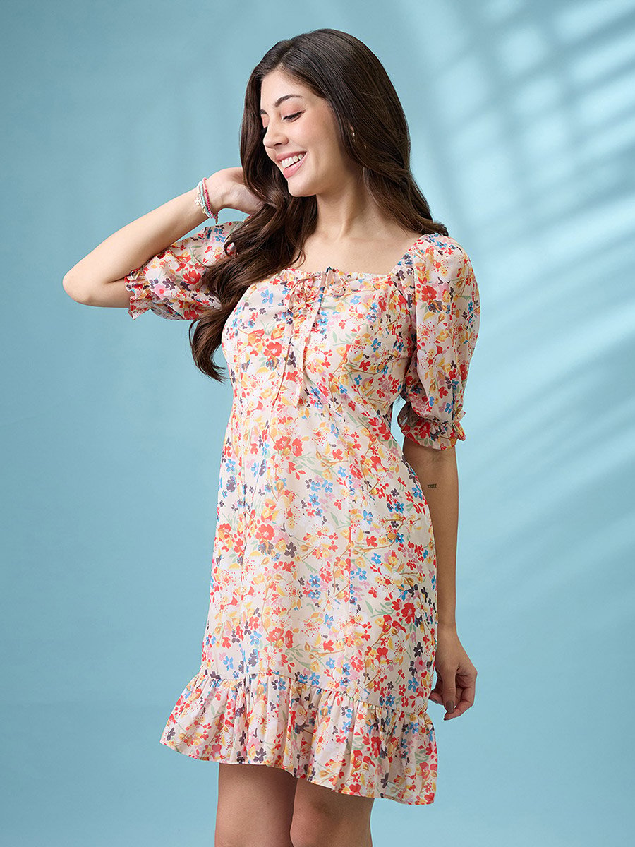 White Floral Printed Puff Sleeves Ruffle Hem Mini Dress