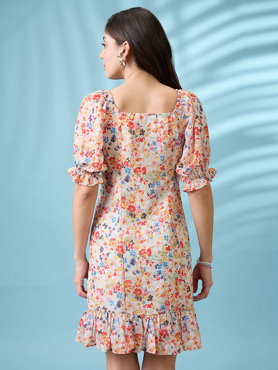White Floral Printed Puff Sleeves Ruffle Hem Mini Dress