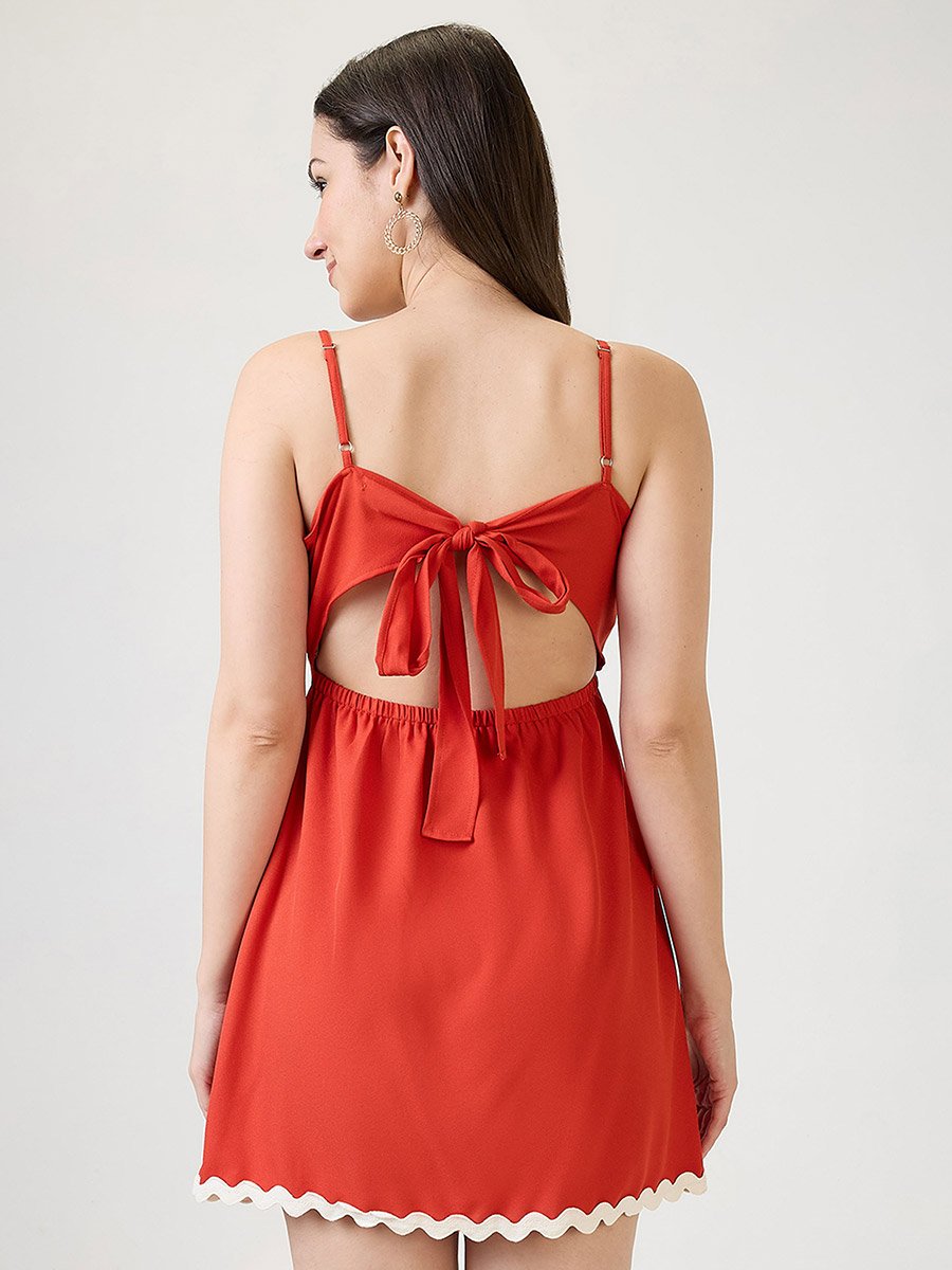 Women Orange Strappy Tie Back Detail Mini Dress