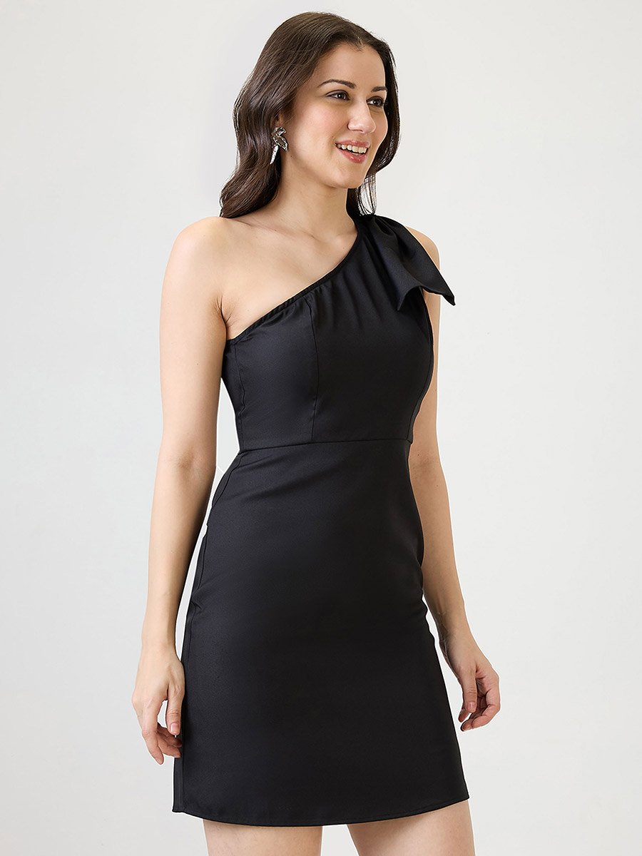 Black One Shoulder Bow Detail Sheath Mini Dress