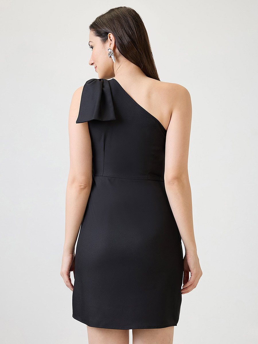 Black One Shoulder Bow Detail Sheath Mini Dress
