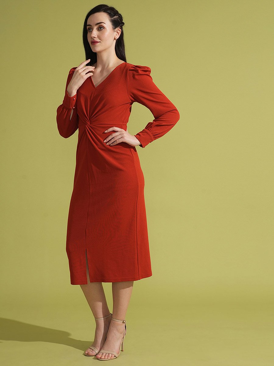 Women Red V-Neck Twisted Detail Midi Dress