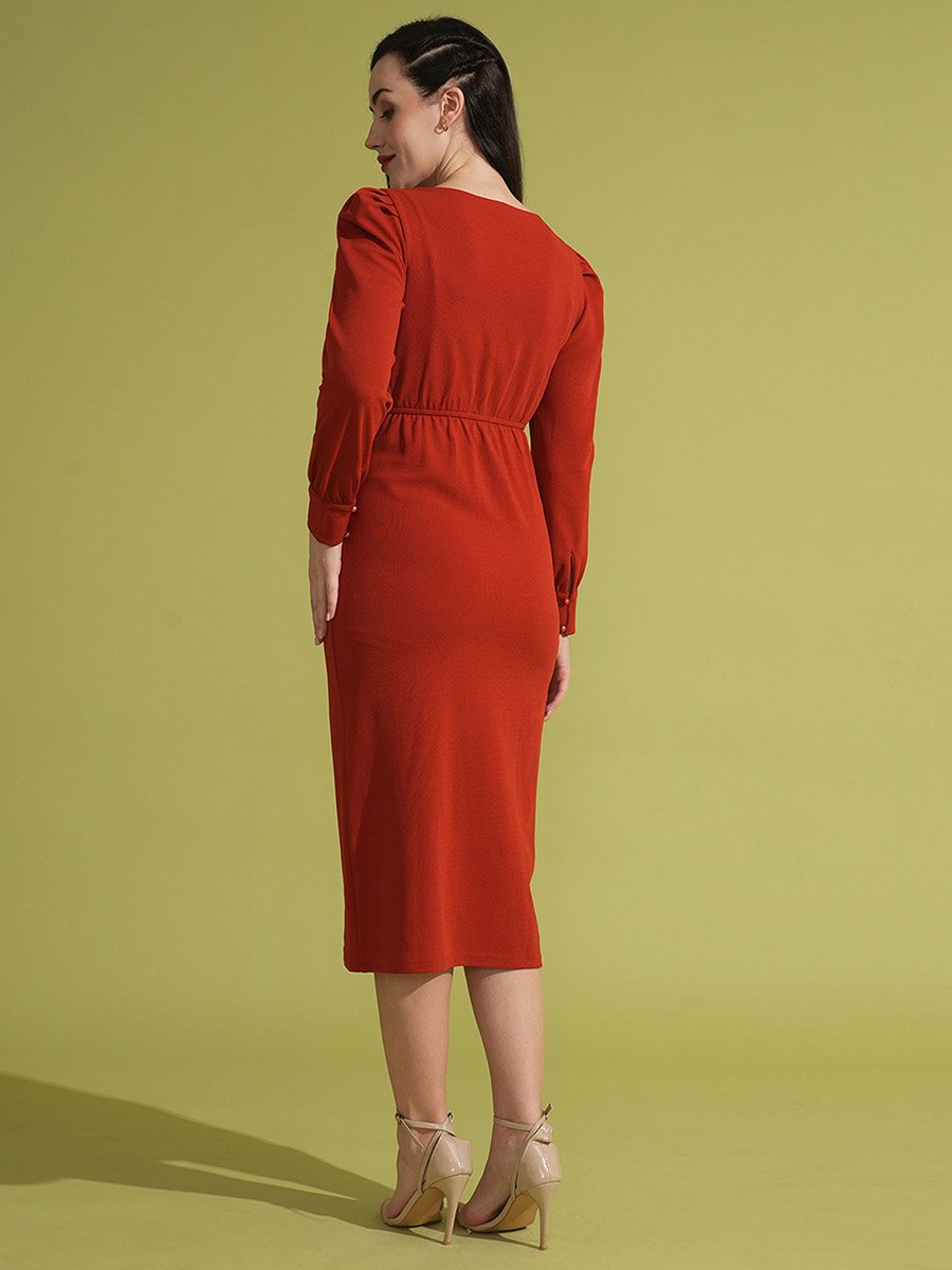 Women Red V-Neck Twisted Detail Midi Dress